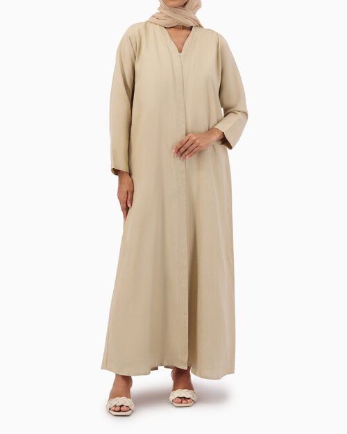 Model wears Beige Linen Abaya