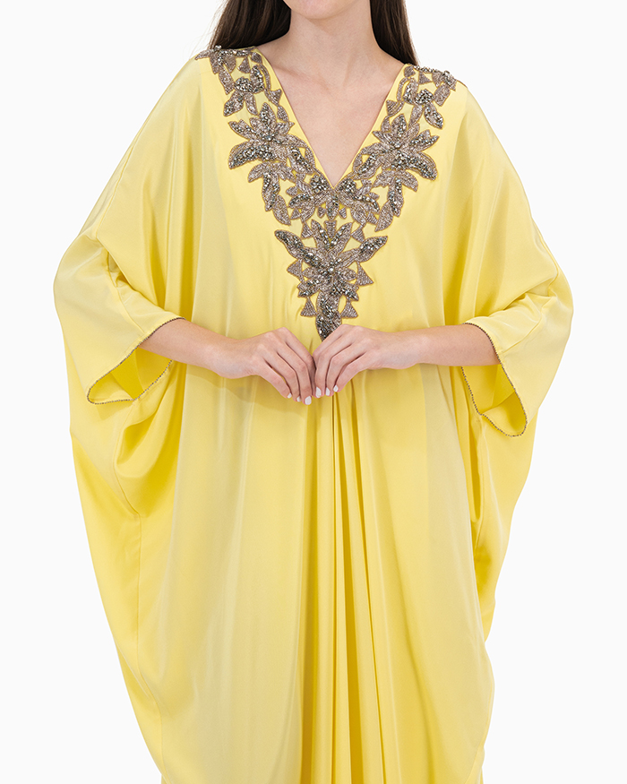 Model wears Yellow Front Pleated Kaftan