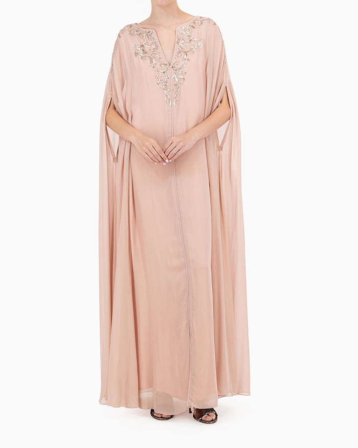 Model wears Pink V Neck Kaftan