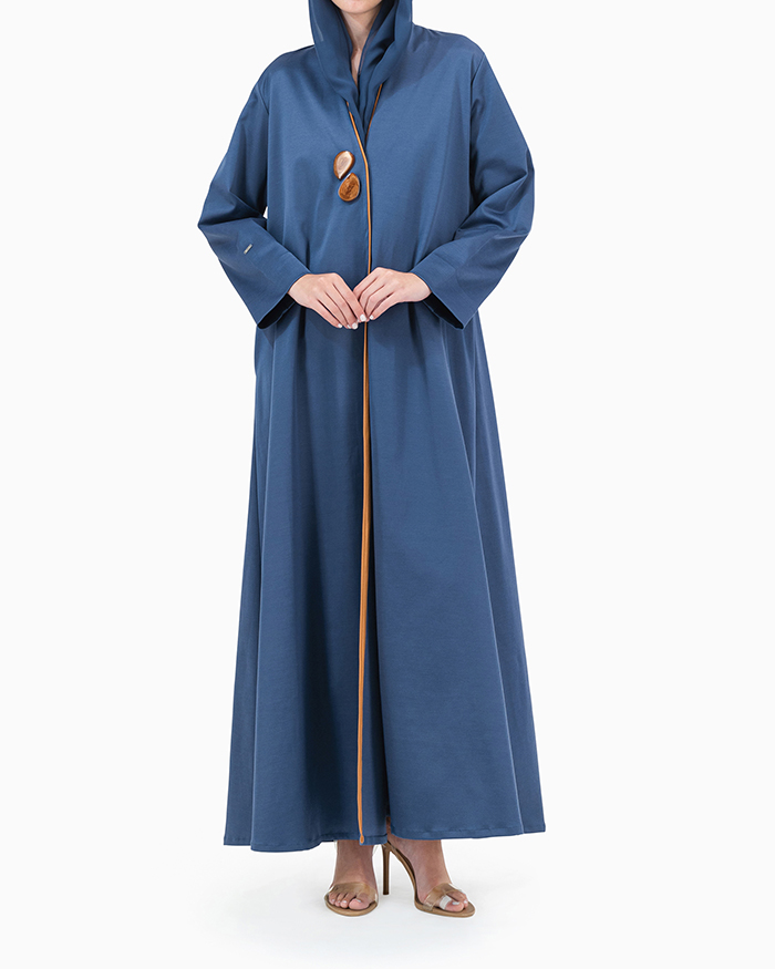 Model wears Blue Twilight Abaya With 2 Buttons